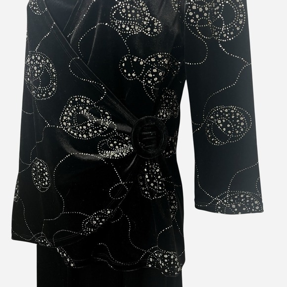 Choices Black Velvet 2 Piece Top Skirt Set Dress Small Rhinestones Embroidered - Picture 3 of 10